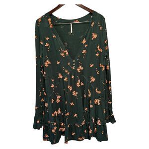 FREE PEOPLE Baby Doll Tunic Green‎ Floral Long Sleeve SMALL Oversized BOHO